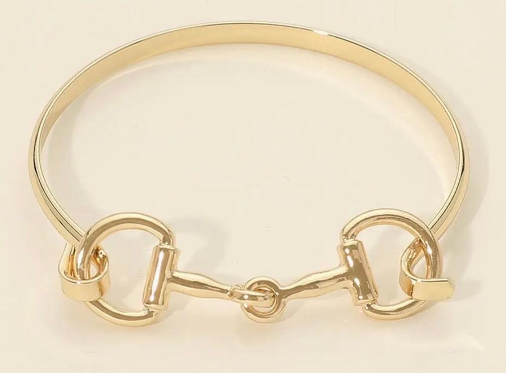 Gold Plated Metal Horsebit Accent Hook Bangle Bracelet
